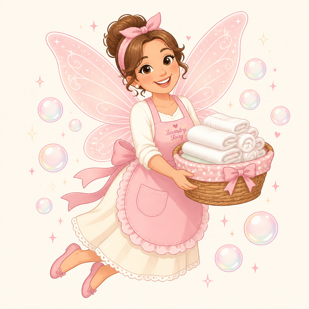 The Cloudsoft Laundry To Go Fairy holding a basket of fluffy clean towels